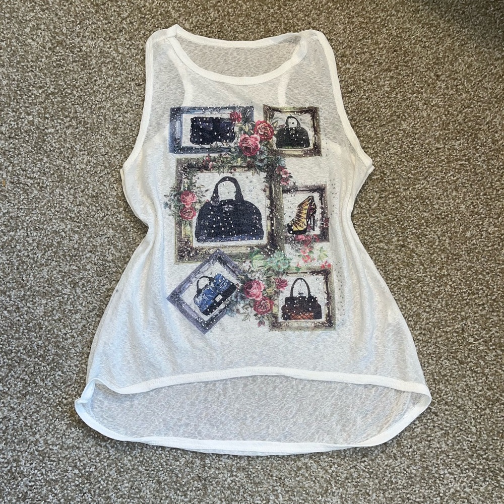 Y2K Lightweight white & colorful purse graphic tank top w/rhinestones
